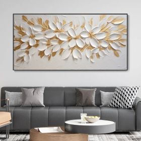 Handmade Oil Painting Gold Foil Flower Knife Canvas Painting Abstract Blooming White Floral Modern Light Luxury Texture Art Premium Home Wall Decor Mi (style: 1, size: 140x280cm)