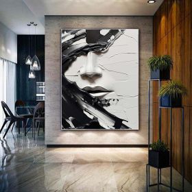 Hand Painted Oil Painting Abstract Black And White Face oil Painting Black White Wall Art Large Black And White Painting Living Room Hallway Bedroom L (style: 1, size: 60X90cm)