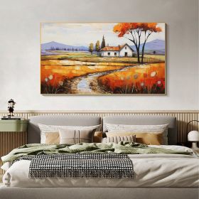 Hand Painted Oil Painting Original Village Landscape Oil Painting on Canvas Large Wall Art Minimalist Abstract Wall Art Orange Boho Wall Decor Living (style: 1, size: 90X120cm)