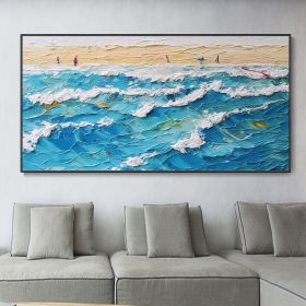 Hand Painted Decor Blue Ocean Canvas Waves Art Painting Pleasure Coast Landscape Art Living Room Decor Abstract Nature Landscape Oil Painting (style: 1, size: 60x120cm)