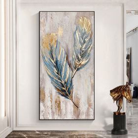 Hand Painted Original Animal Feather Oil Painting On Canvas Abstract Blue And Gold Feather Canvas Wall Art Modern Minimalist Artwork For Living Room (style: 1, size: 140x280cm)