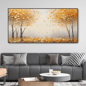 Hand Painted Large Original Golden Forest Landscape Oil Painting Autumn Yellow Tree Fallen Leaves Wall Art Morning Fog Woods Modern Texture Home Decor (style: 1, size: 40x80cm)