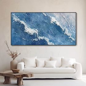 Hand Painted Original Blue Sea White Wave Oil Painting Hand Modern Abstract Texture Art Minimalist Seascape Customizable Living Room Wall Decor Home G (style: 1, size: 140x280cm)