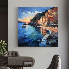 Hand Painted Abstract Mediterranean Oil Painting On Canvas Large Wall Art Original Coastal City Landscape Art Custom Blue Ocean Decor Living Room Art (style: 1, size: 50x50cm)