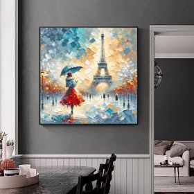 Handmade Oil Painting A Beautiful Woman Street Art Abstract Figure Painting Red And Sky Blue Art Street Scene On Canvas Wall Art For Home Decor (style: 1, size: 80x80cm)