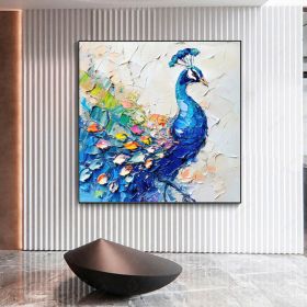 Hand Painted Peacock Oil Painting Bird Original Art Rustic Animals Impasto Artwork Textured Wall Art Decor For Home Spring Gifts Colorful Painting Wal (style: 1, size: 50x50cm)