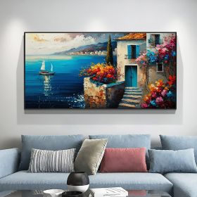 Hand Painted Original Seaside Mediterranean Oil Painting On Canvas Large Wall Art Abstract Blue Seascape Art Custom Painting Living Room Home Decor (style: 1, size: 80x160cm)