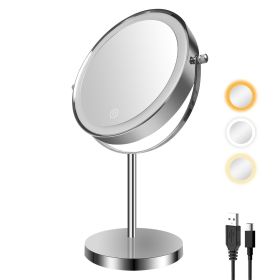 8-inch Makeup Mirror with Lights, Double Sided 1X/10X Magnifying Mirror, 3 Color Lighting Dimmable Vanity Mirror with 360¬∞ Swivel , Built-In Battery (Color: Chrome)