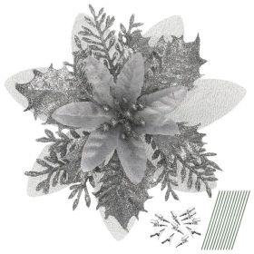 12pcs Christmas Glitter Artificial Poinsettia Flowers Christmas Tree Flowers Hanging Ornaments Party Decoration With Stems Clips (Colors: Silver)